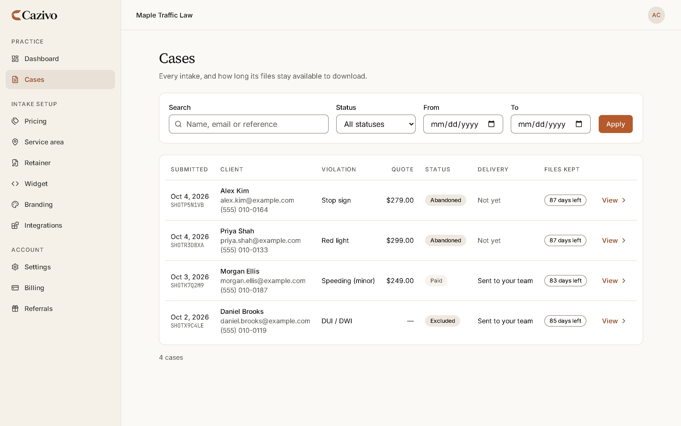 The firm's case list: four intakes with each client's contact details, violation, quoted fee, and whether they paid, are unpaid or were excluded.